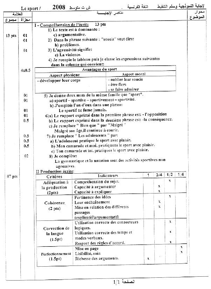 اللغة الفرنسية شهادة التعليم المتوسط 2008 File