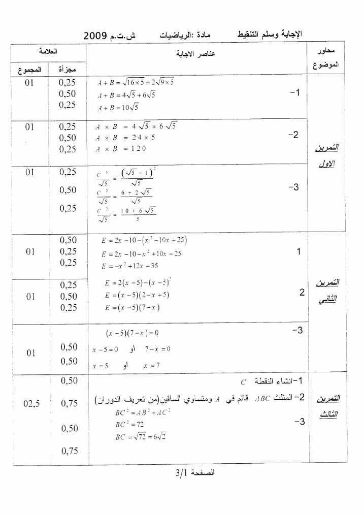 التصحيح النموذجي في الرياضيات شهادة التعليم المتوسط 2009 File